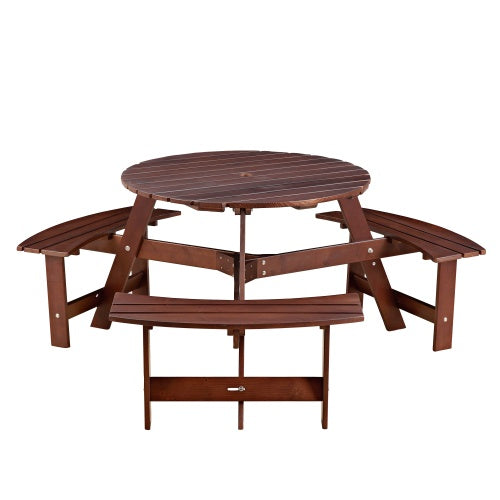 6-Person Round Picnic Table with 3 Built-in Benches, Umbrella Hole – Outdoor Wooden Bench Set for Garden, Backyard, Patio, Porch