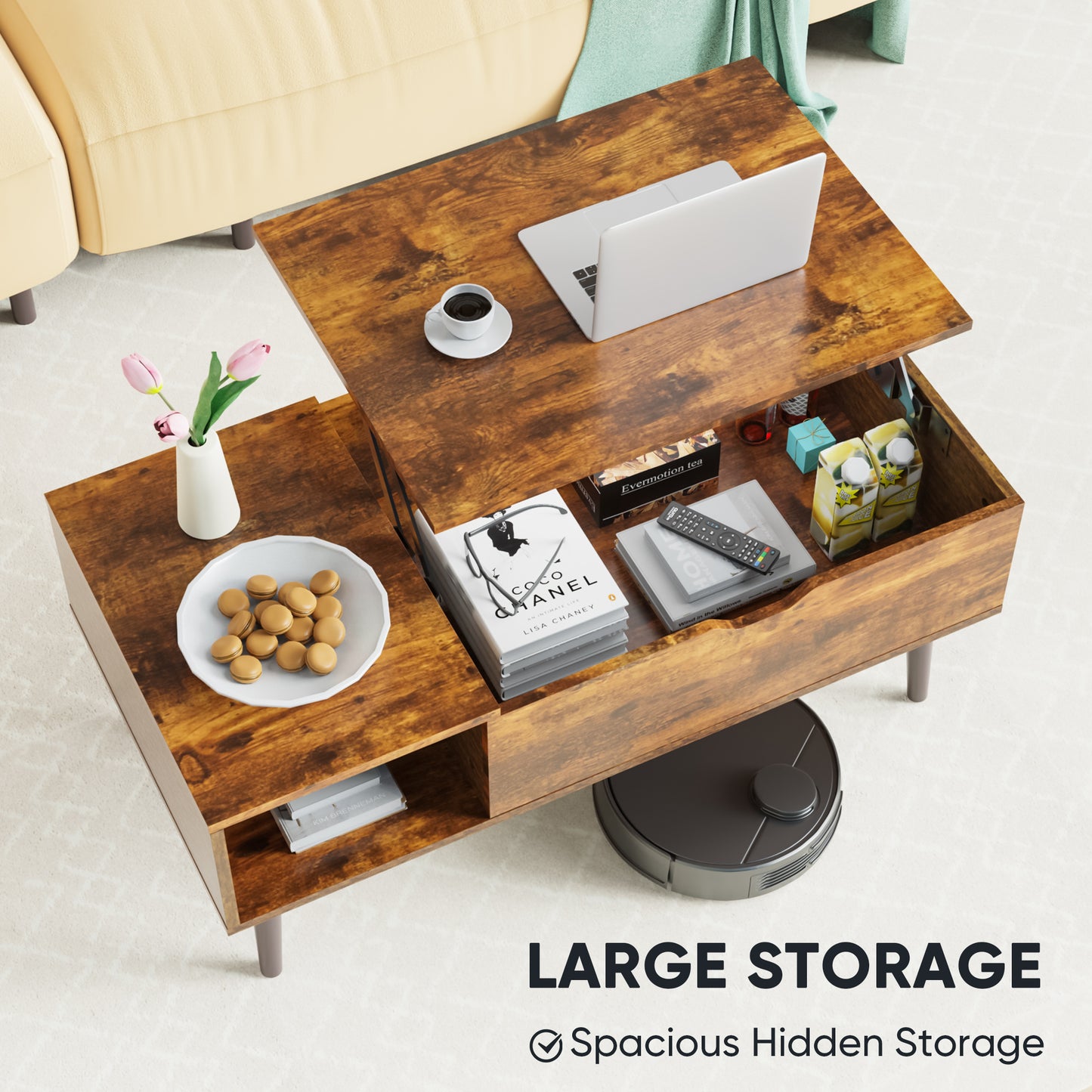 Lift-Top Coffee Table with Storage | Modern Wood Design for Living Room & Office - Black/Brown