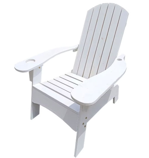 White Outdoor/Indoor Wooden Adirondack Chair with Umbrella Hole - Solid Wood, Relaxing Reclining Seat