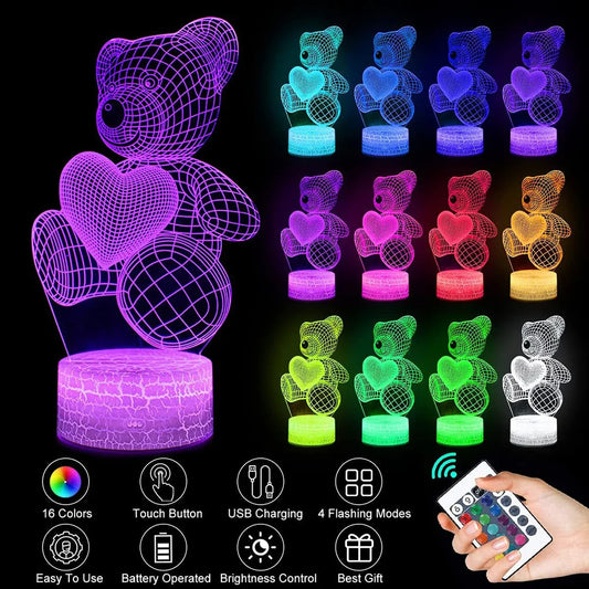 3D Teddy Bear LED Night Light – 16 Colors, Remote & Touch Control, Eye-Caring LED, Dual Power Mode (USB/Battery)