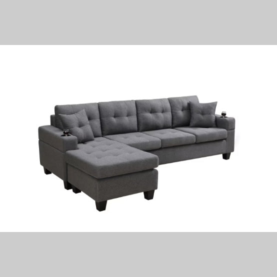 "Modern Grey Sectional Sofa – Comfortable Fabric Couch with Cup Holders & Pillows, Durable Design"