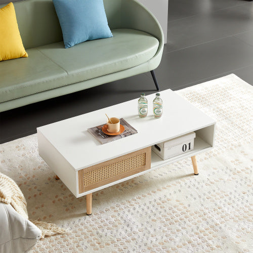 41.34" Rattan Coffee Table with Sliding Door Storage & Solid Wood Legs – Modern White Coffee Table for Living Room & Office