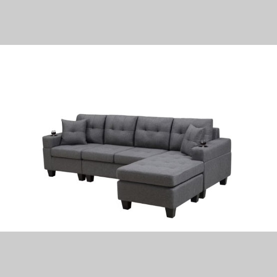 "Modern Grey Sectional Sofa – Comfortable Fabric Couch with Cup Holders & Pillows, Durable Design"