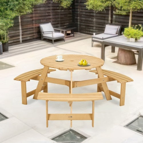 6-Person Round Picnic Table with 3 Built-in Benches, Umbrella Hole – Outdoor Wooden Bench Set for Garden, Backyard, Patio, Porch