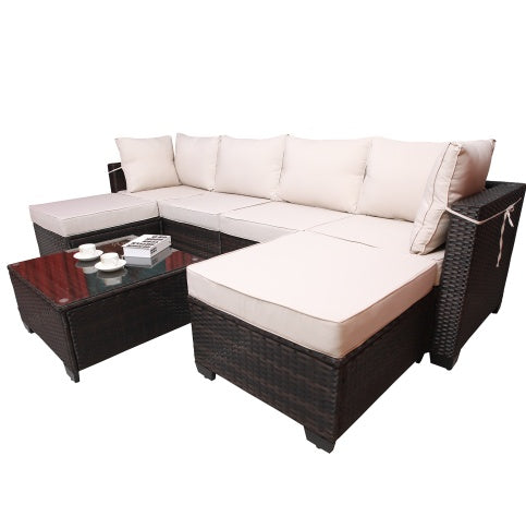 Outdoor Garden Patio Furniture Set – 7-Piece PE Rattan Wicker Cushioned Sofa Set with Coffee Table, 2 Pillows, and Rust-Resistant Frame