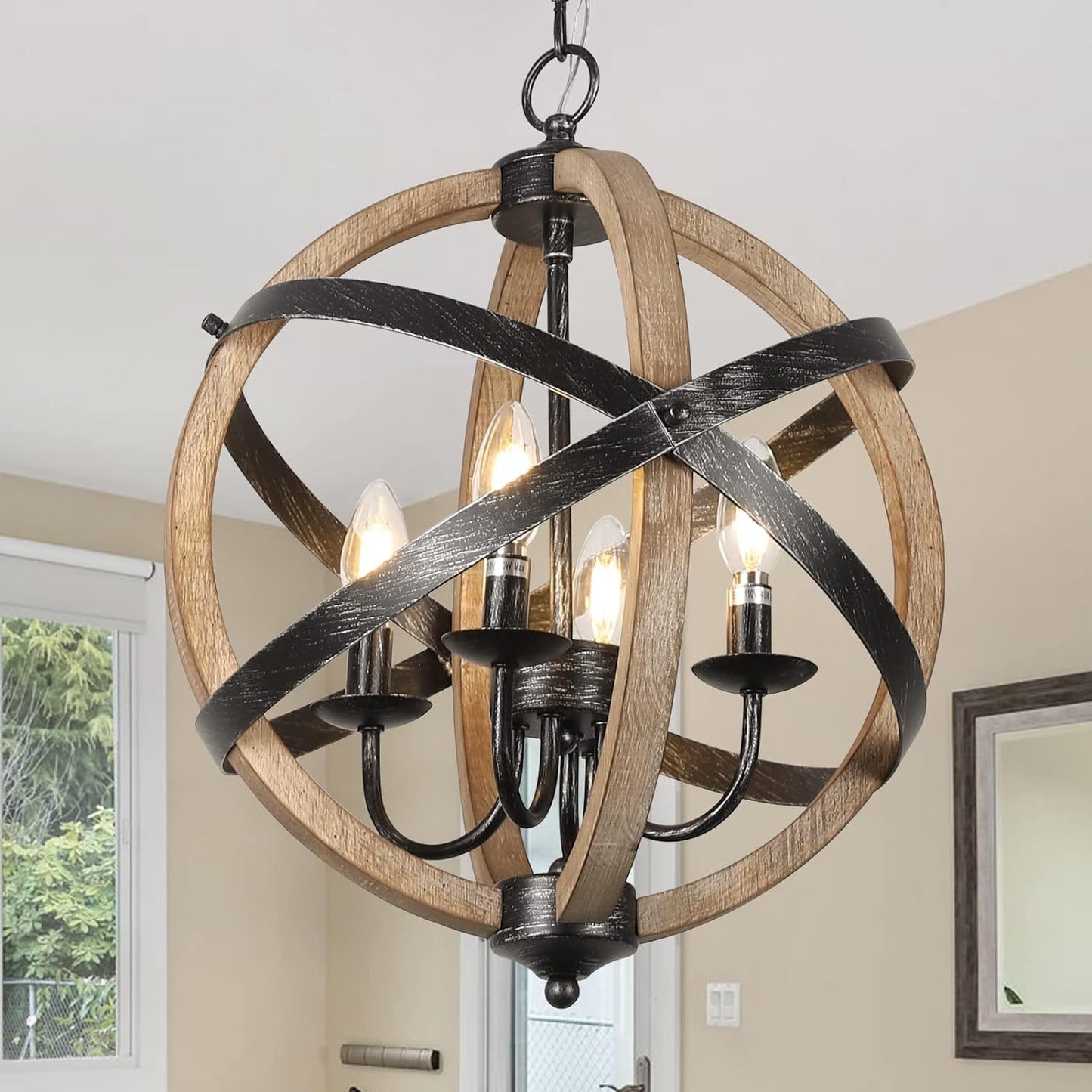 Farmhouse 4-Light Chandelier - Height Adjustable Rustic Wood and Metal Light Fixture for Kitchen, Living Room, Hallway, and Bedroom