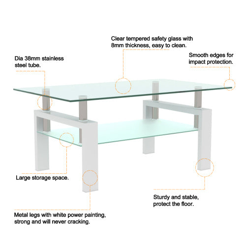 Modern White Coffee Table with Clear Glass Top – Double Layer Storage & Metal Legs for Living Room