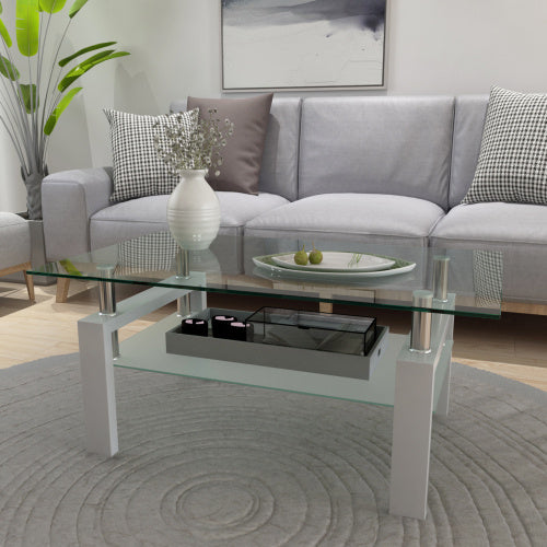 Modern White Coffee Table with Clear Glass Top – Double Layer Storage & Metal Legs for Living Room