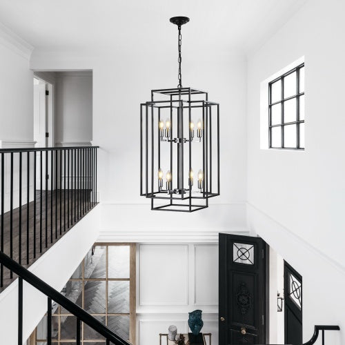 8-Layer Industrial Farmhouse Chandelier – Black & Silver Pendant Lighting for Living Room, Kitchen, and Hallway