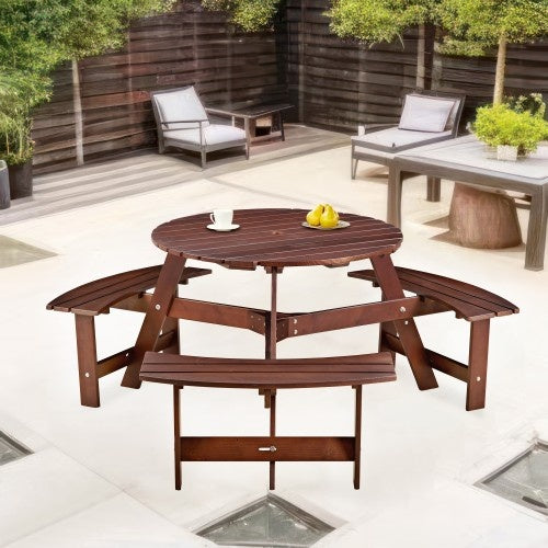 6-Person Round Picnic Table with 3 Built-in Benches, Umbrella Hole – Outdoor Wooden Bench Set for Garden, Backyard, Patio, Porch