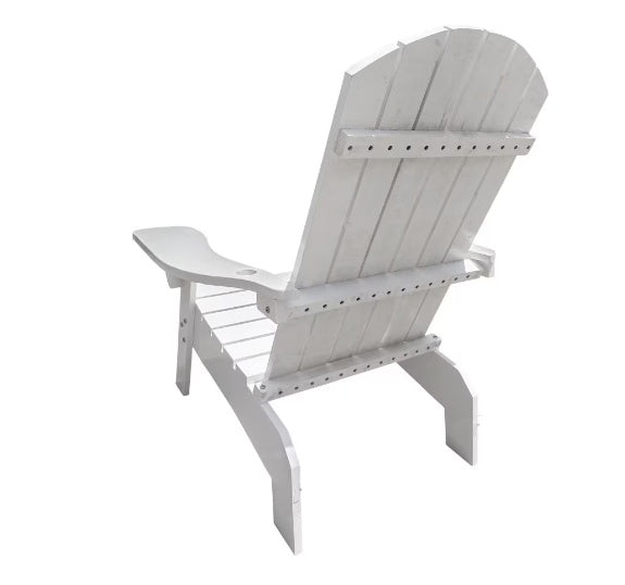 White Outdoor/Indoor Wooden Adirondack Chair with Umbrella Hole - Solid Wood, Relaxing Reclining Seat