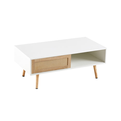 41.34" Rattan Coffee Table with Sliding Door Storage & Solid Wood Legs – Modern White Coffee Table for Living Room & Office