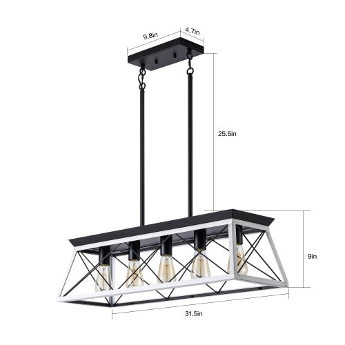 5-Light Farmhouse Chandelier - White & Black Pendant Light for Dining Room, Kitchen, Living Room (Bulbs Not Included)