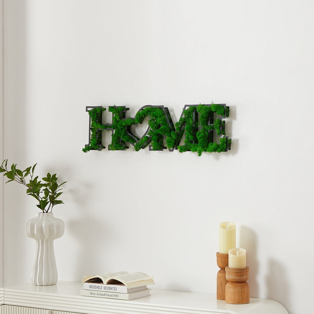 "HOME" Letter Art Moss Wall Hanging - Eco-Friendly, Sturdy Iron Frame, Whimsical Heart Design - Natural Green Decor for Home & Office