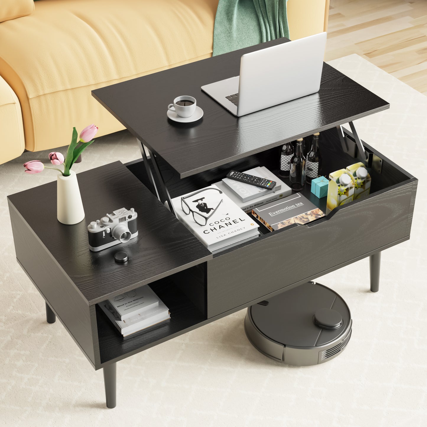 Lift-Top Coffee Table with Storage | Modern Wood Design for Living Room & Office - Black/Brown