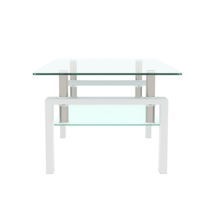 Modern White Coffee Table with Clear Glass Top – Double Layer Storage & Metal Legs for Living Room