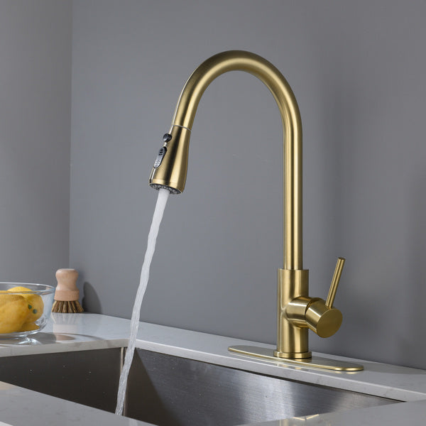 "Brushed Gold Kitchen Faucet with Pull-Down Sprayer - 360° Swivel Spout, Single Handle, Ceramic Valve - Easy Installation & Maintenance"