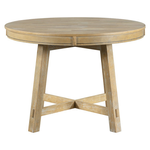 TREXM Farmhouse Round Extendable Dining Table with 16" Leaf, Solid Wood Kitchen Table, Natural Wood Wash Finish