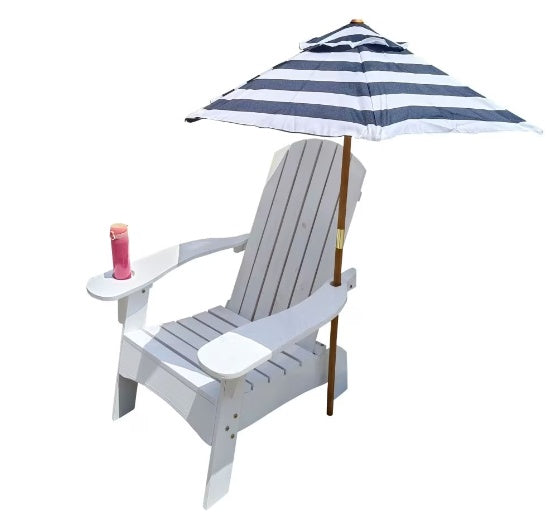 White Outdoor/Indoor Wooden Adirondack Chair with Umbrella Hole - Solid Wood, Relaxing Reclining Seat