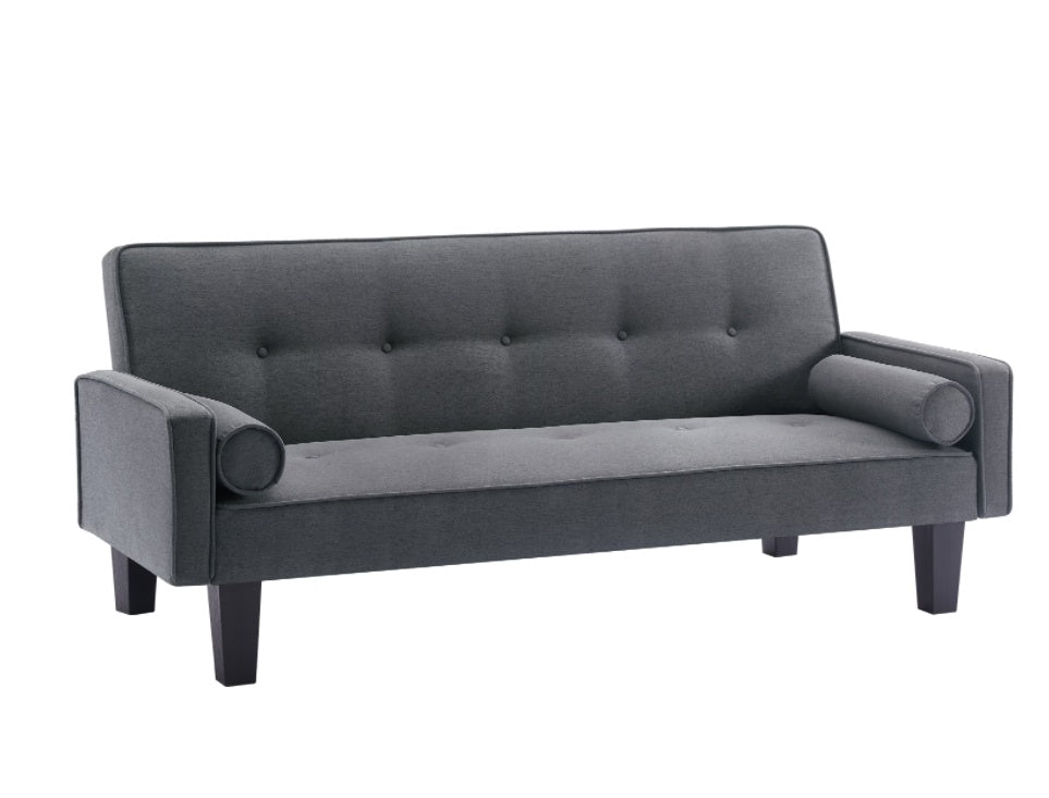 "Modern Dark Grey Fabric Love Seat Sofa – Button Tufted Design with Pillows, Pull Point Backrest, Ideal for Living Room"