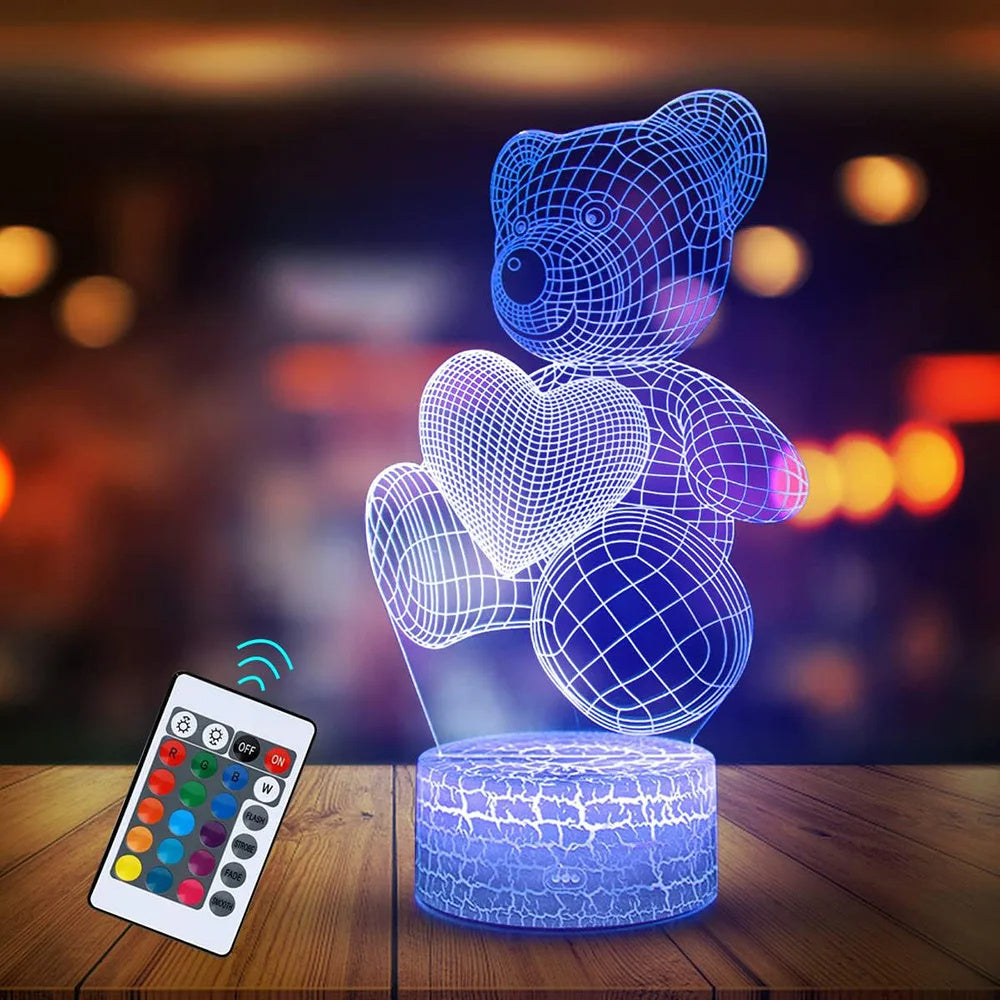 3D Teddy Bear LED Night Light – 16 Colors, Remote & Touch Control, Eye-Caring LED, Dual Power Mode (USB/Battery)