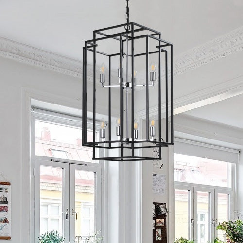 8-Layer Industrial Farmhouse Chandelier – Black & Silver Pendant Lighting for Living Room, Kitchen, and Hallway