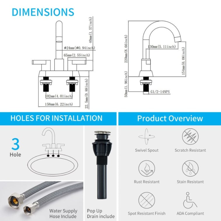 Brushed Nickel 2-Handle Centerset Bathroom Sink Faucet with Up Drain Assembly – 4-Inch Vanity Lavatory Faucet for 2 or 3 Holes