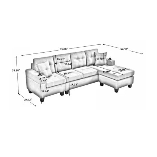 "Modern Grey Sectional Sofa – Comfortable Fabric Couch with Cup Holders & Pillows, Durable Design"