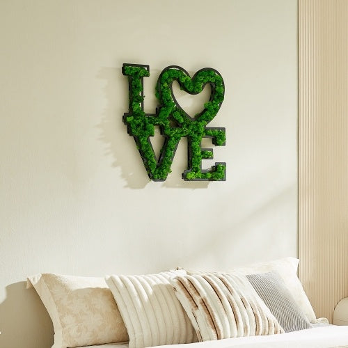 "LOVE" Letter Art Moss Wall Decoration - Eco-Friendly, Low Maintenance, Wrought Iron Frame - Romantic Green Home Decor with Heart Design