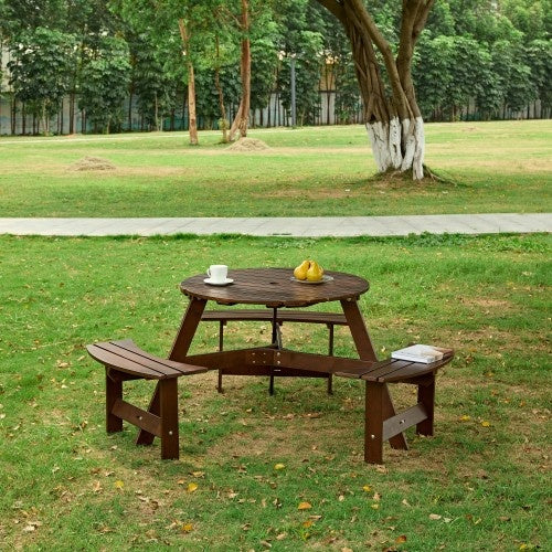 6-Person Round Picnic Table with 3 Built-in Benches, Umbrella Hole – Outdoor Wooden Bench Set for Garden, Backyard, Patio, Porch