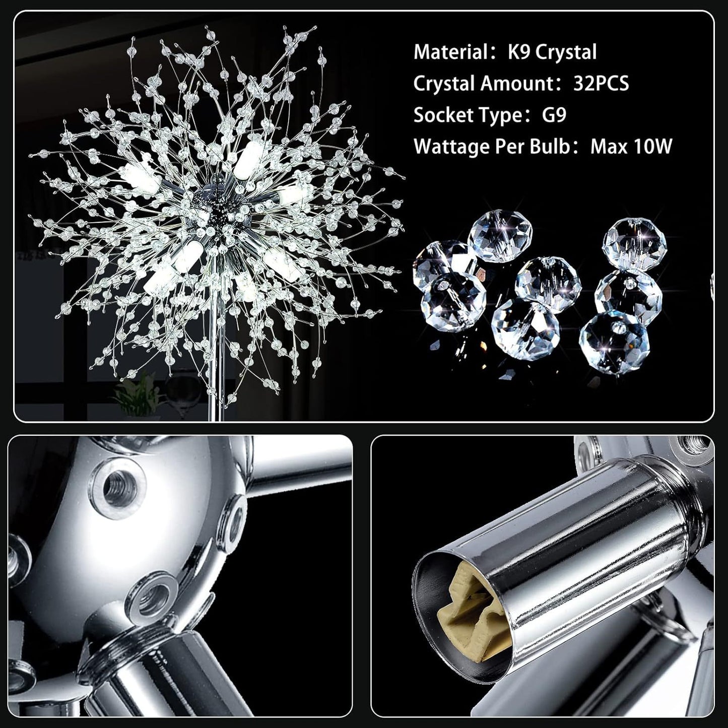 Elegant Crystal Floor Lamp - 69 Inch Modern Sputnik Design, 8-Lamp Heads, Chrome Finish, Living Room & Bedroom Lighting