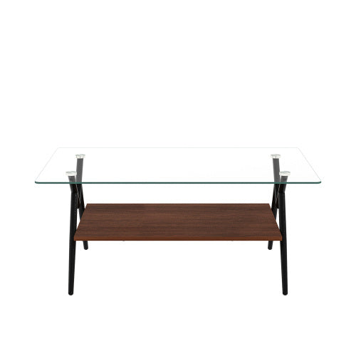 Rectangle Coffee Table with Tempered Glass Top & Black Metal Legs – Modern Living Room Table with Sturdy MDF Base