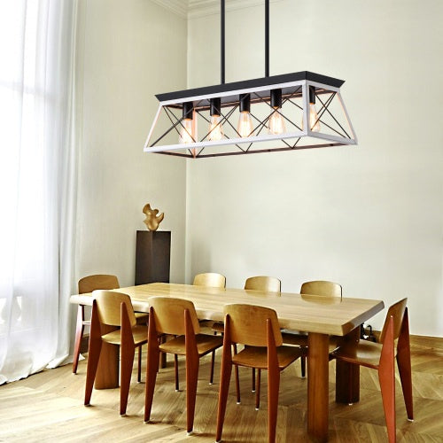 5-Light Farmhouse Chandelier - White & Black Pendant Light for Dining Room, Kitchen, Living Room (Bulbs Not Included)