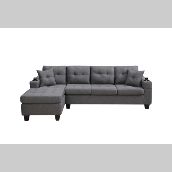 "Modern Grey Sectional Sofa – Comfortable Fabric Couch with Cup Holders & Pillows, Durable Design"