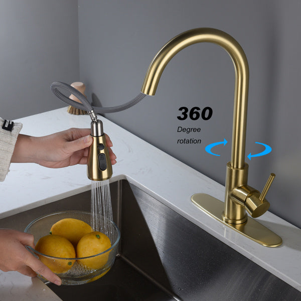 "Brushed Gold Kitchen Faucet with Pull-Down Sprayer - 360° Swivel Spout, Single Handle, Ceramic Valve - Easy Installation & Maintenance"