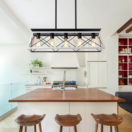 5-Light Farmhouse Chandelier - White & Black Pendant Light for Dining Room, Kitchen, Living Room (Bulbs Not Included)