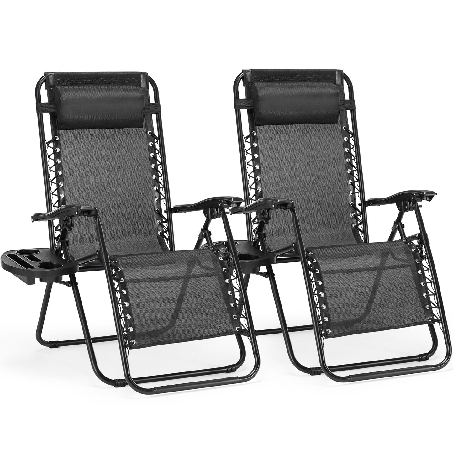 2-Pack Adjustable Reclining Patio Chairs with Detachable Tray, Portable Outdoor Lounge Chairs – Black/Bluetooth, Mesh Fabric, Adjustable Headrest, 300lb Capacity