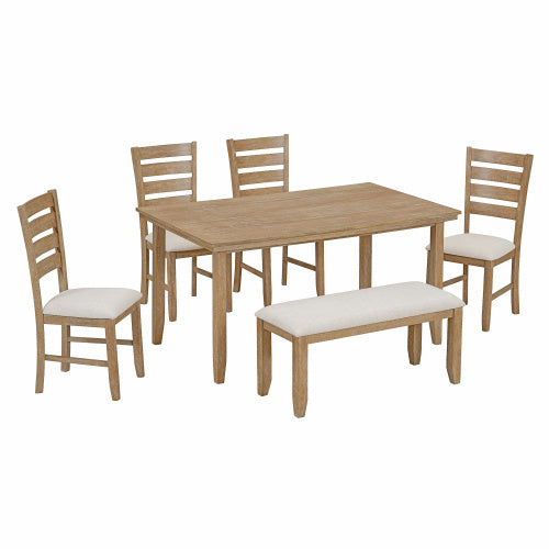 TREXM Dining Table and Chairs with Benches, 6-Piece Country Wood Dining Set (Natural Wood Wash)