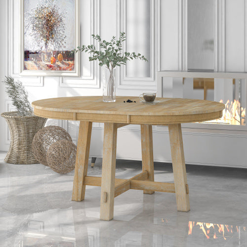 TREXM Farmhouse Round Extendable Dining Table with 16" Leaf, Solid Wood Kitchen Table, Natural Wood Wash Finish