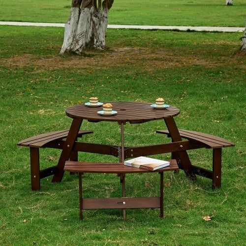 6-Person Round Picnic Table with 3 Built-in Benches, Umbrella Hole – Outdoor Wooden Bench Set for Garden, Backyard, Patio, Porch