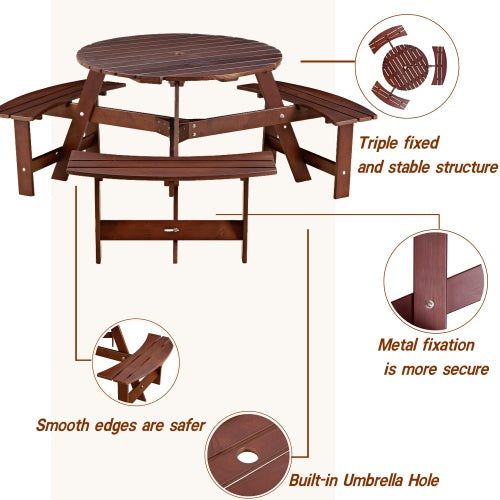 6-Person Round Picnic Table with 3 Built-in Benches, Umbrella Hole – Outdoor Wooden Bench Set for Garden, Backyard, Patio, Porch