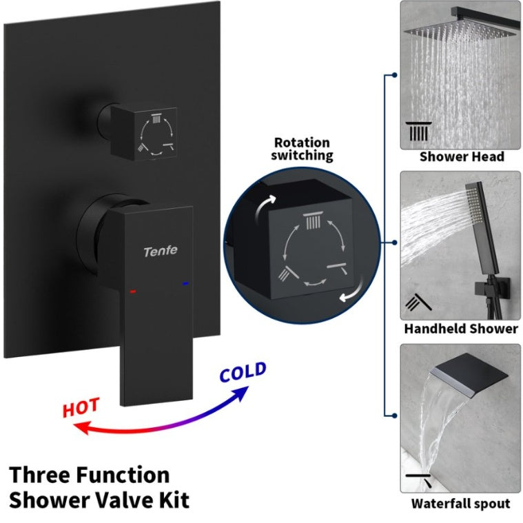 Matte Black 12-Inch Ceiling Mounted Shower System – Complete Rainfall Shower Head with Handheld, Wall-Mounted Mixer Valve, and Accessories