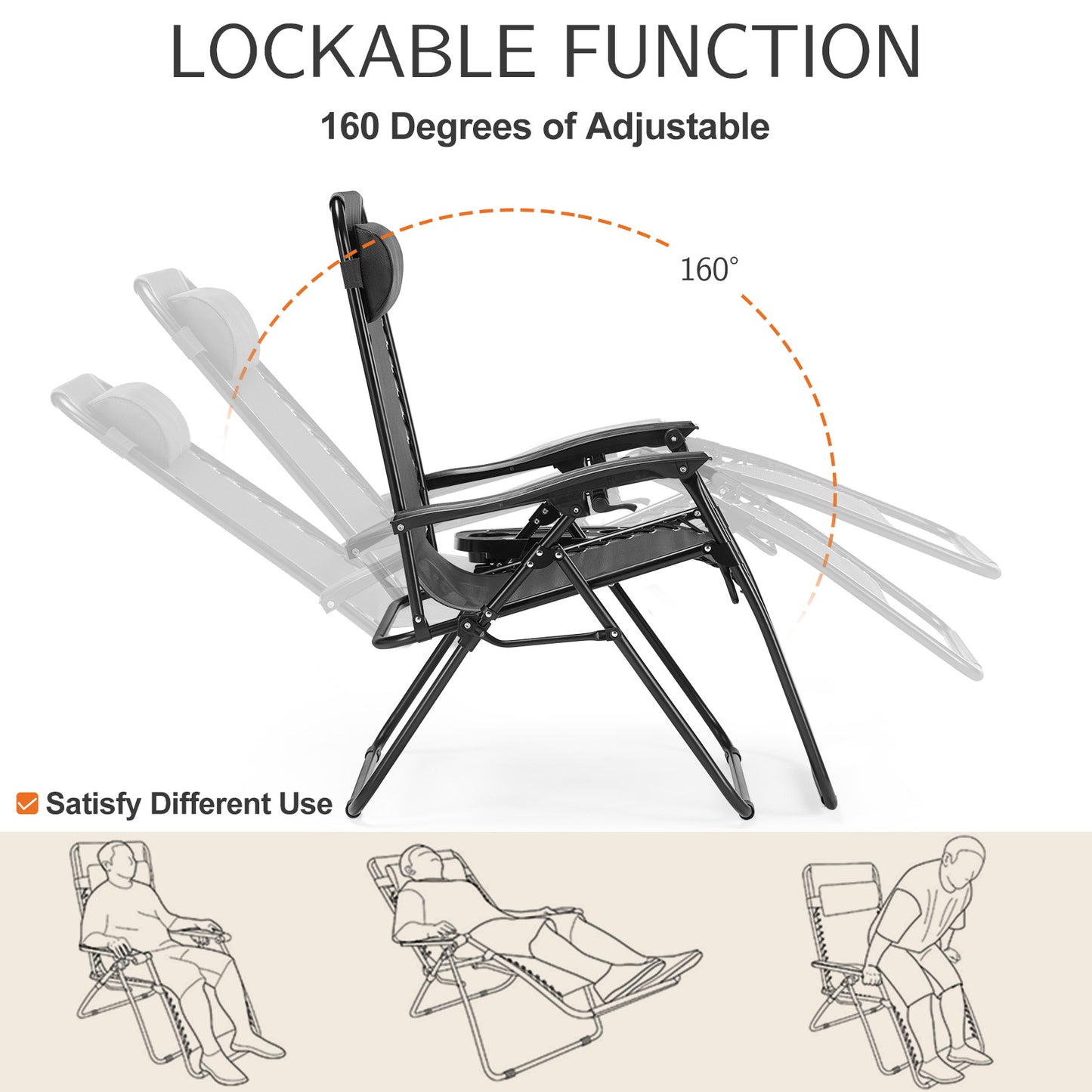 2-Pack Adjustable Reclining Patio Chairs with Detachable Tray, Portable Outdoor Lounge Chairs – Black/Bluetooth, Mesh Fabric, Adjustable Headrest, 300lb Capacity