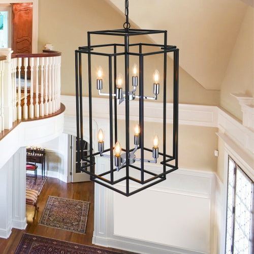 8-Layer Industrial Farmhouse Chandelier – Black & Silver Pendant Lighting for Living Room, Kitchen, and Hallway