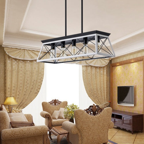 5-Light Farmhouse Chandelier - White & Black Pendant Light for Dining Room, Kitchen, Living Room (Bulbs Not Included)