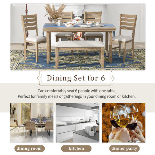 TREXM Dining Table and Chairs with Benches, 6-Piece Country Wood Dining Set (Natural Wood Wash)