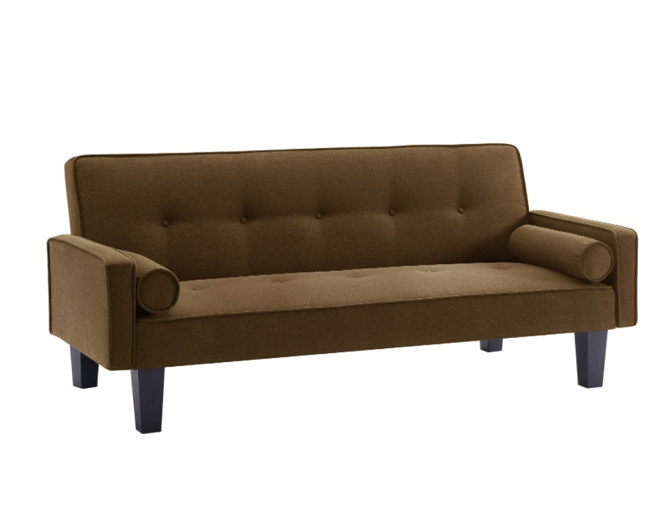 "Mid-Century Modern Brown Fabric Love Seat Sofa – Button Tufted with Pillows, Pull Point Backrest, Ideal for Living Room & Bedroom"