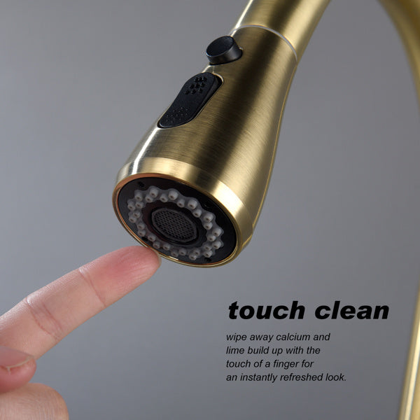 "Brushed Gold Kitchen Faucet with Pull-Down Sprayer - 360° Swivel Spout, Single Handle, Ceramic Valve - Easy Installation & Maintenance"