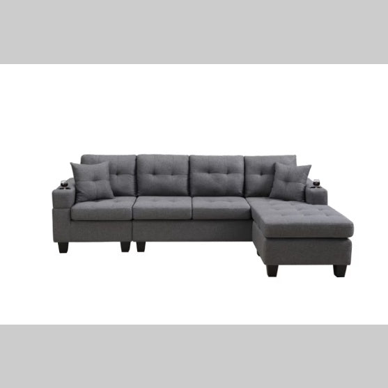 "Modern Grey Sectional Sofa – Comfortable Fabric Couch with Cup Holders & Pillows, Durable Design"