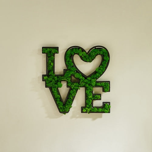 "LOVE" Letter Art Moss Wall Decoration - Eco-Friendly, Low Maintenance, Wrought Iron Frame - Romantic Green Home Decor with Heart Design